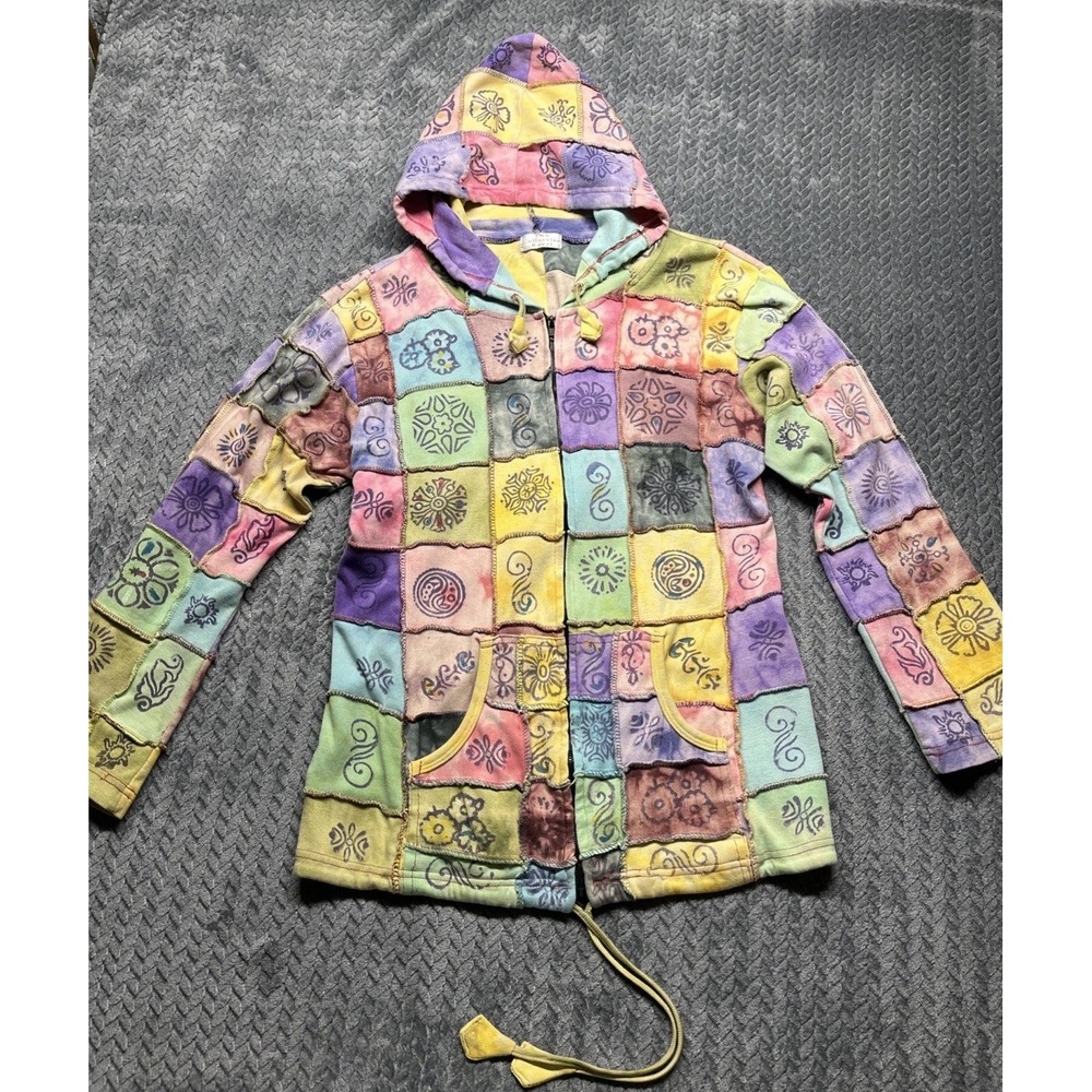 Women’s Patchwork‎ Hoodie Jacket Large Boho  Hippie Festival Cotton Full Zip